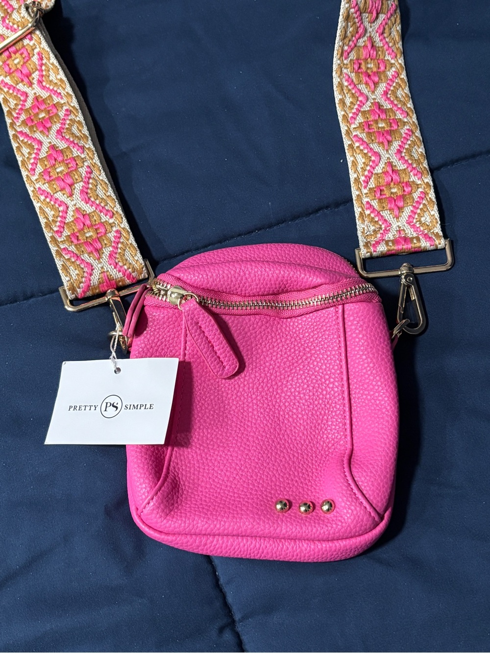 Pretty Simple Bright Pink Crossbody Bag with Patterned Strap